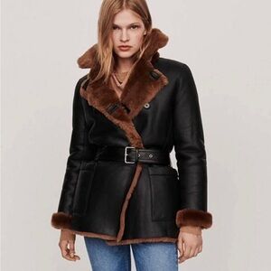 Women's Black Faux Leather Shearling Jacket with Brown Trim